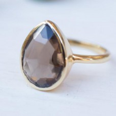 Smoky quartz pear silver gold plated ring